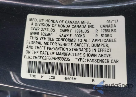 2017 Honda Civic Lx z USA, uszkodzony, nr VIN 2HGFC2F60HH539235